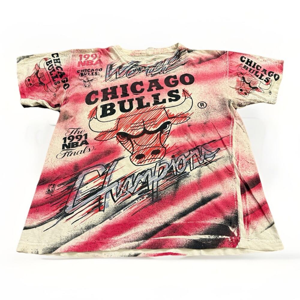 Vtg 90s Magic Johnson T’s Chicago Bulls All Over Print 1991 NBA Finals T-Shirt L